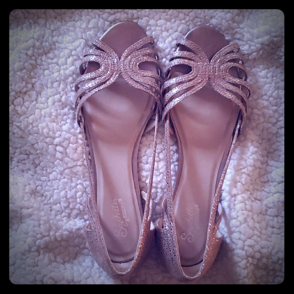 Gold open toe flats